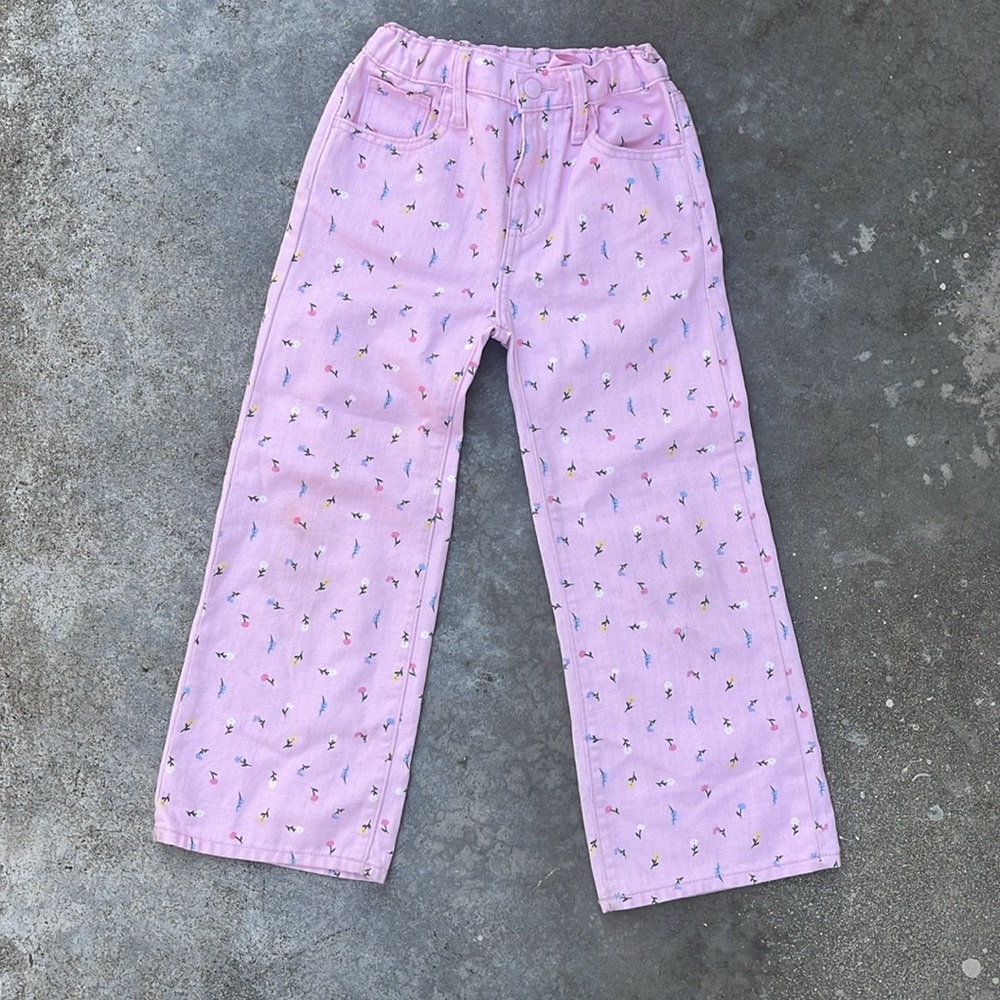Old Navy Baggy Wide Leg Jeans High Rise Pink Flowers Size 8